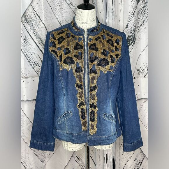 Chico’s Denim Jacket Beaded Open Front (10-12) Chico’s 2 - Picture 1 of 9